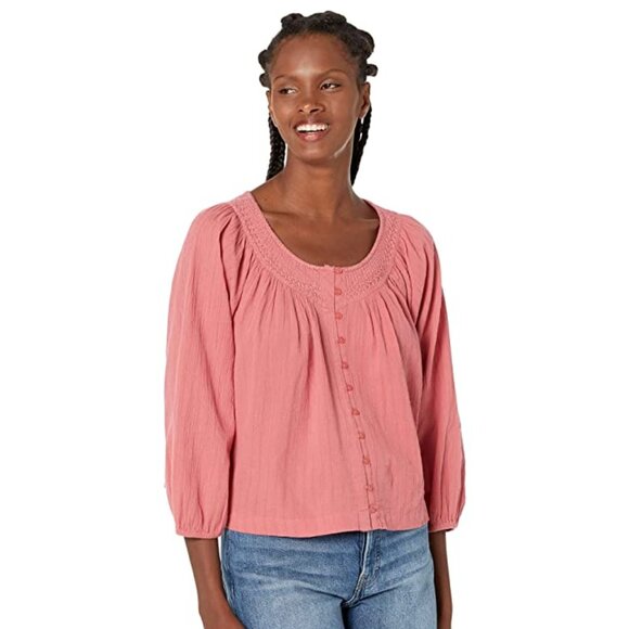 LUCKY BRAND Women's Pink Embroidered Button up Elastic Cuffs Long Sleeve - Picture 1 of 2